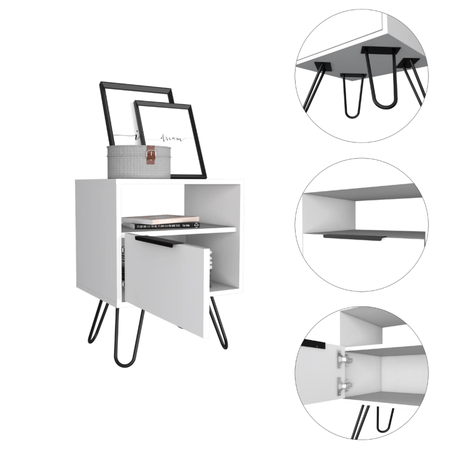 Begonia Nightstand With 2 Shelves, Single Door Cabinet, 4 Hairpin Legs, White